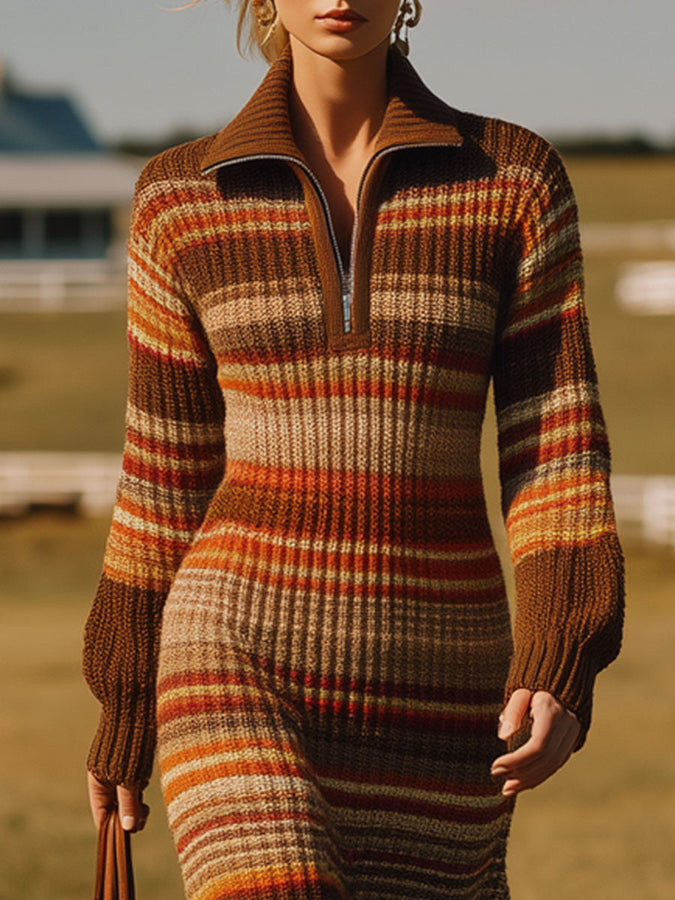 Robe Midi Tricotée à Rayures Rouge et Marron avec Demi-Fermeture Éclair