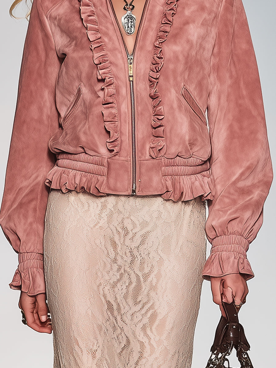 Veste Rose Vintage en Simili Daim avec Volants Style Western