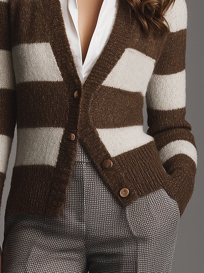 Cardigan Vintage Confortable à Rayures Beige et Marron