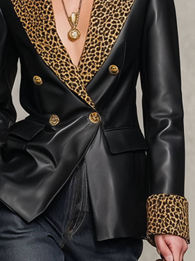 Veste Chic en Simili Cuir avec Imprimé Léopard