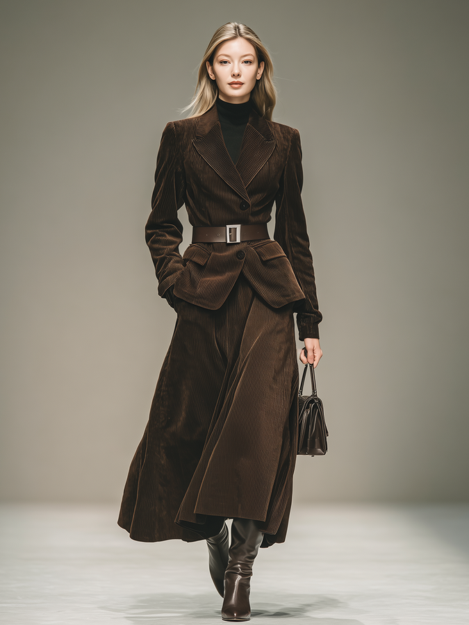 Élégant Ensemble Blazer et Jupe en Velours Côtelé au Style Western Vintage