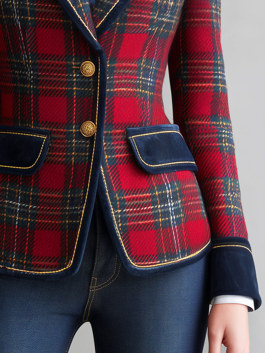 Veste Vintage à Carreaux avec Fermeture Simple