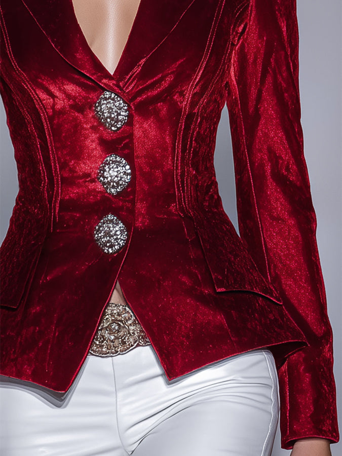 Veste Vintage en Velours Rouge avec Détail en Diamant