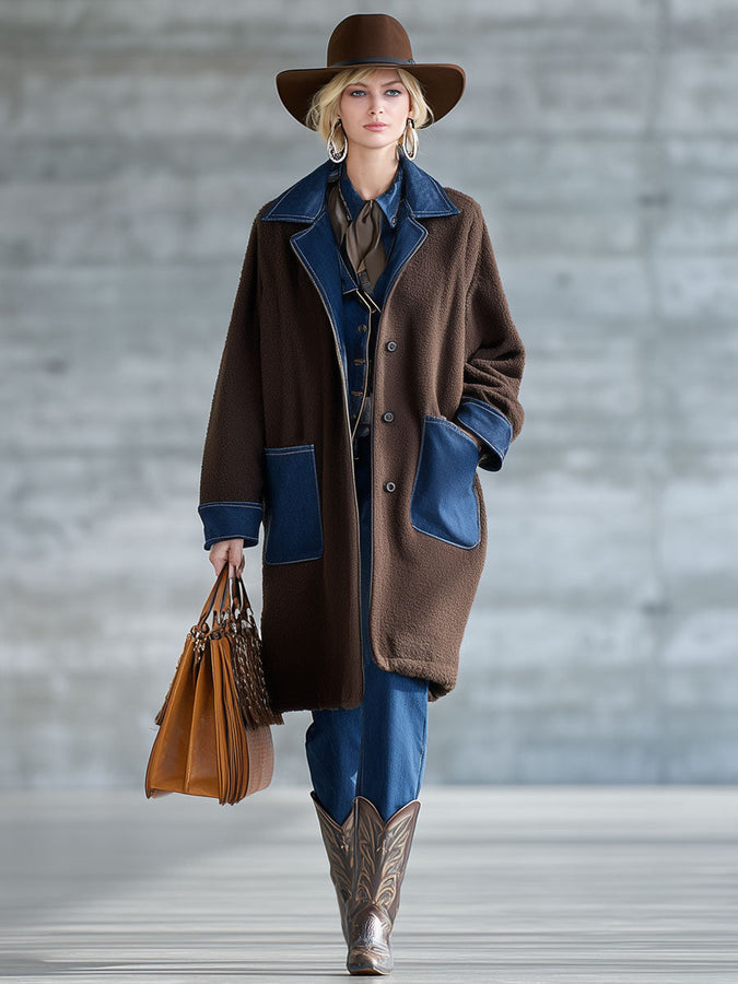 Veste en polaire chocolat avec patchwork en denim - Style nomade urbain rétro