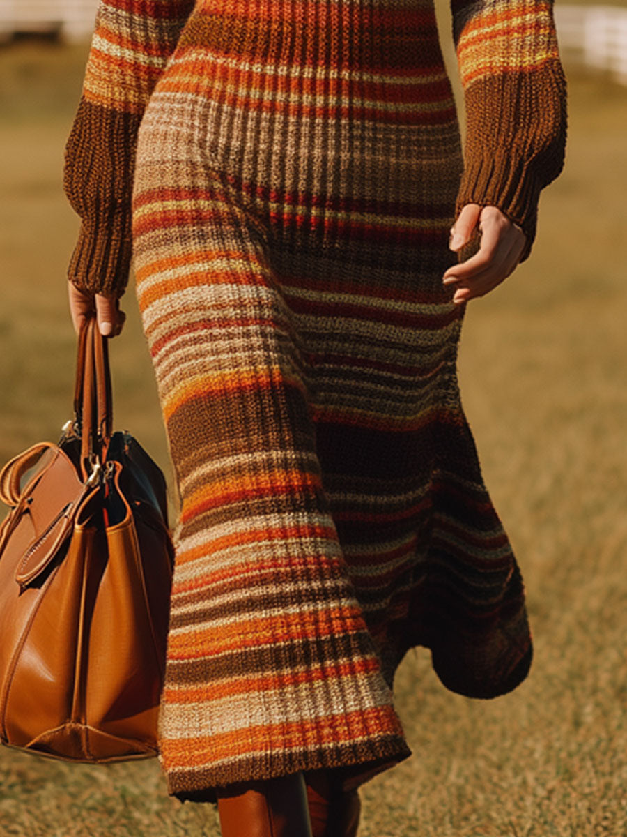 Robe Midi Rayée Rouge et Marron à Demi-Zip au Style Rétro