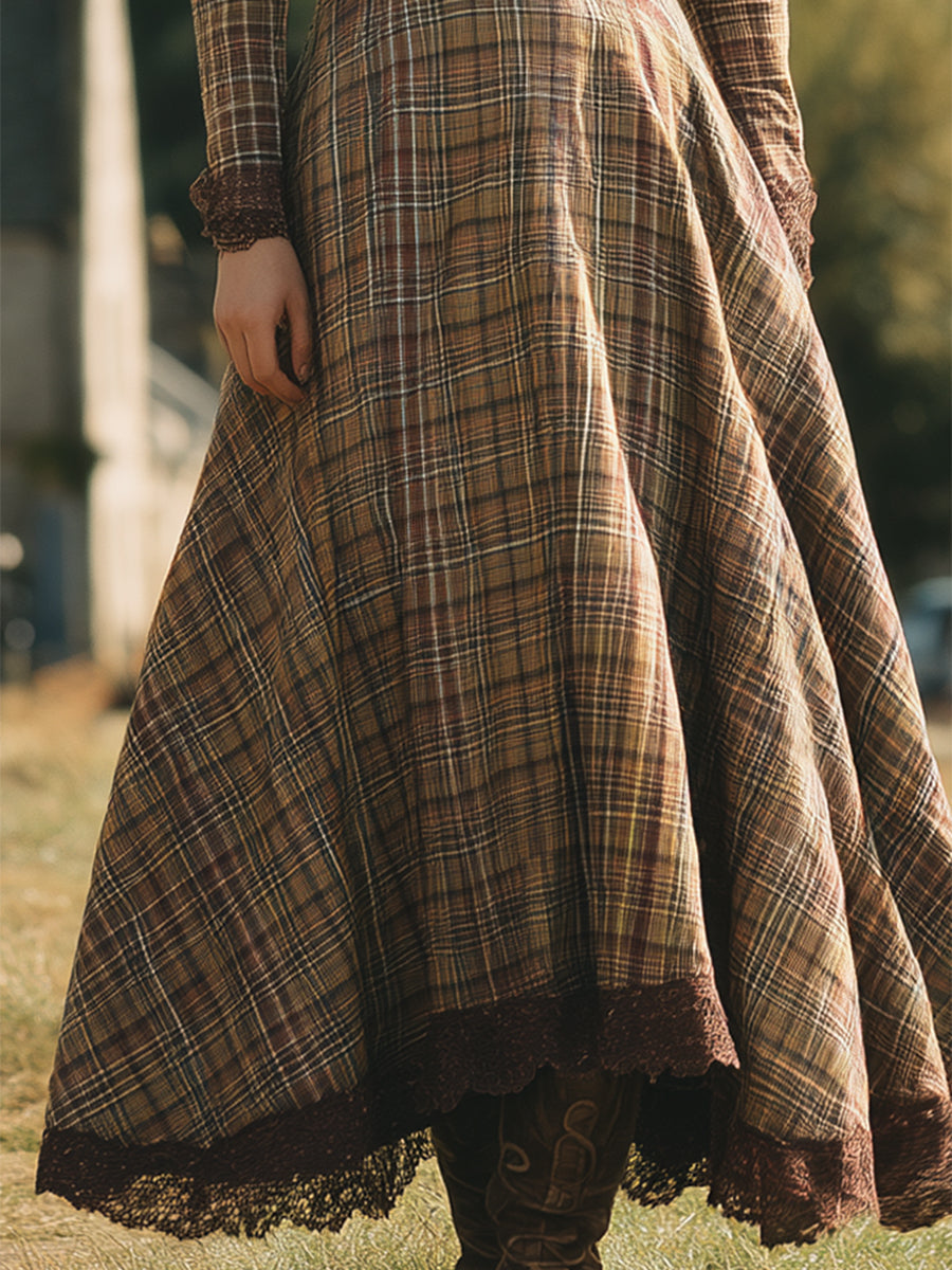 Robe Maxi V-Neck en Dentelle à Motif Carreaux Marron