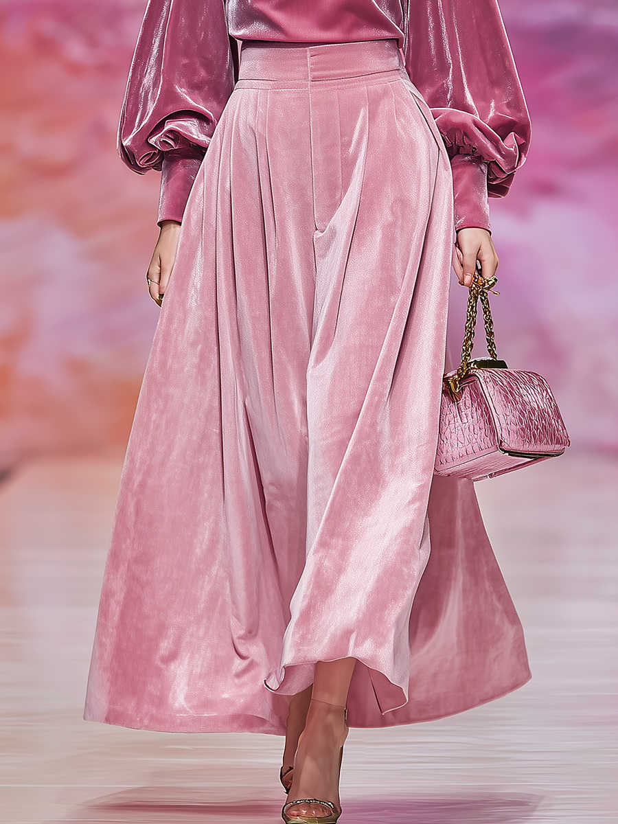 Élégant Ensemble Velours : T-shirt à Col Montant à Manches Longues et Jupe Coordonnée