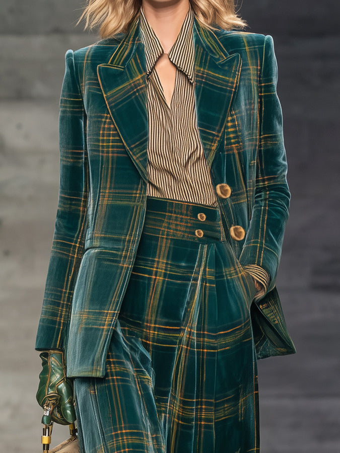 Veste en Velours à Motif Carreaux Verts Rétro avec Pantalon Large Taille Haute