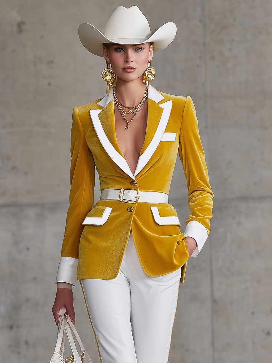 Blazer Chic en Velours Bicolore avec Col Distinctif et Ceinture