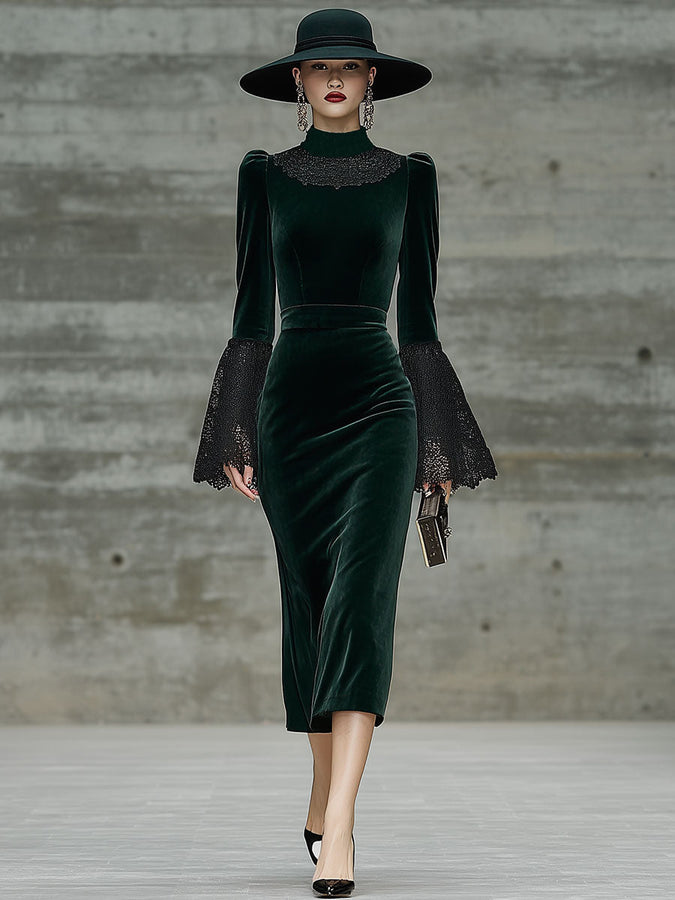 Robe Midi Vintage en Velours Vert avec Détails en Dentelle