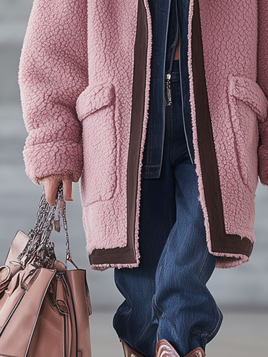 Veste en polaire rose avec finitions en suède synthétique - Élégance rétro au style nomade urbain