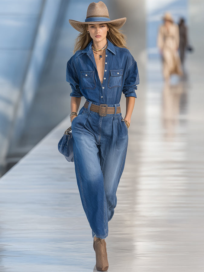 Ensemble Décontracté en Jean Bleu : Chemise et Pantalon à Jambes Larges