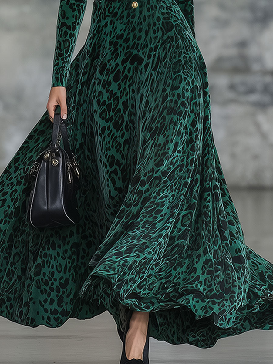Robe Maxi Élégante en Velours Léopard Vert au Style Rétro