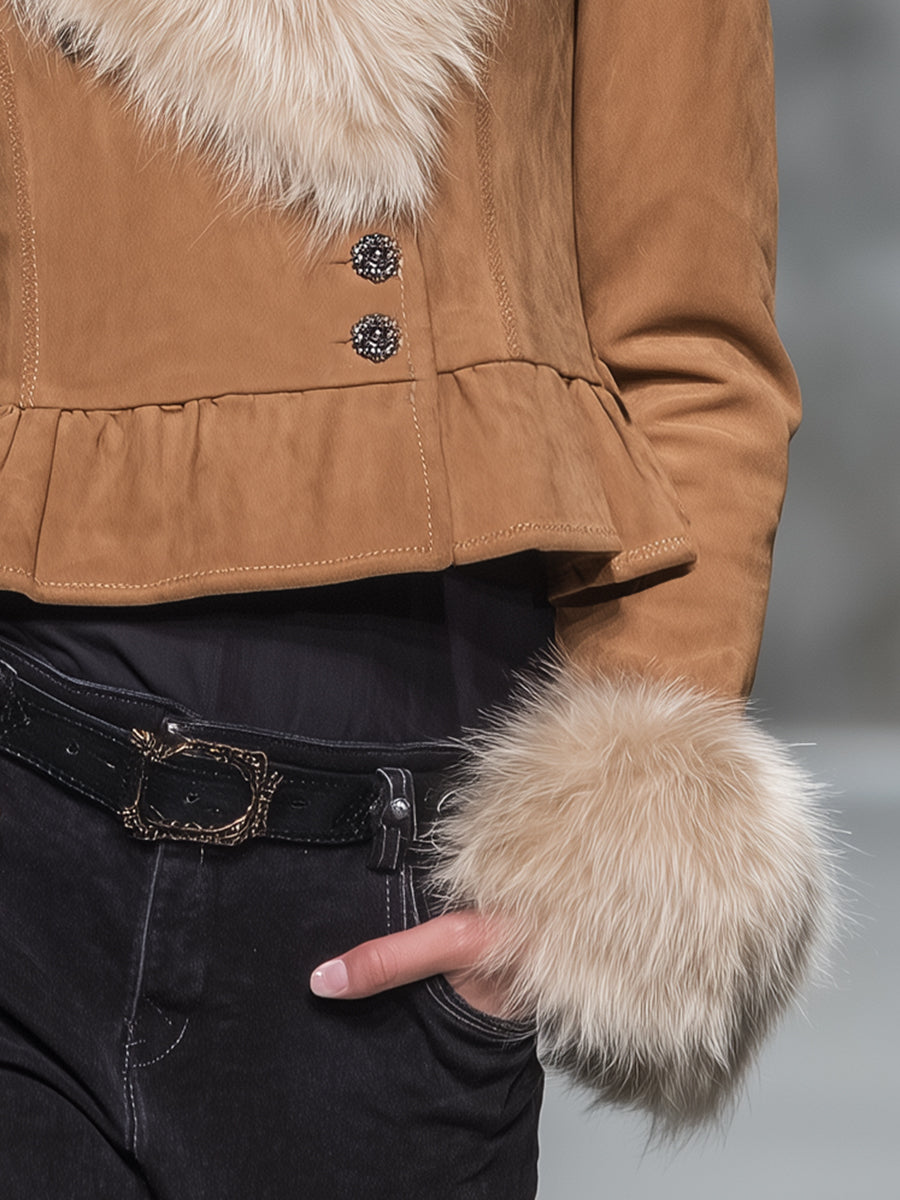 Veste Kaki en Suédine avec Col en Fourrure Rétro et Ourlet Flottant