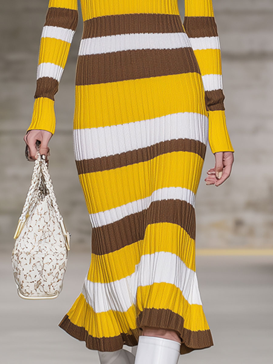 Robe Midi Tricotée Rayée au Style Rétro avec Mi-Fermeture Éclair