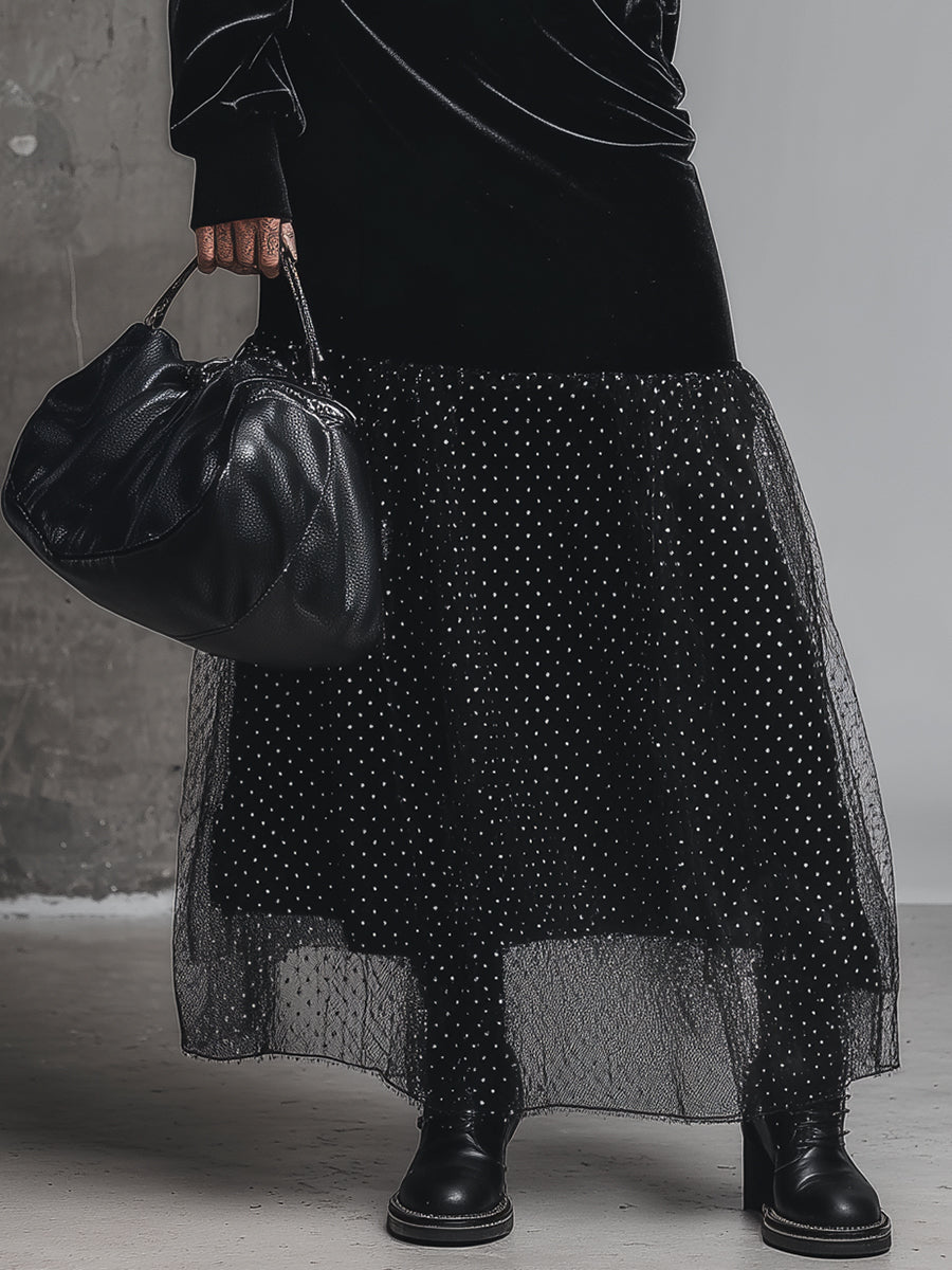 Robe Maxi en Velours Noir à Pois avec Col Mi-Haut Évasé