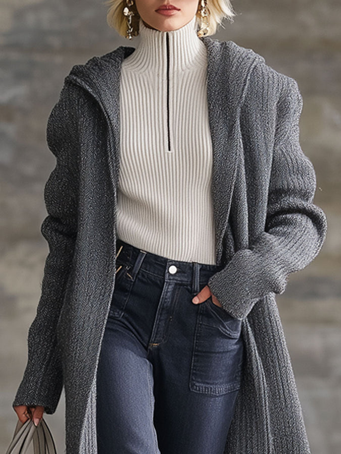 Cardigan à Capuche Vintage en Tricot Gris - Élégance Décontractée
