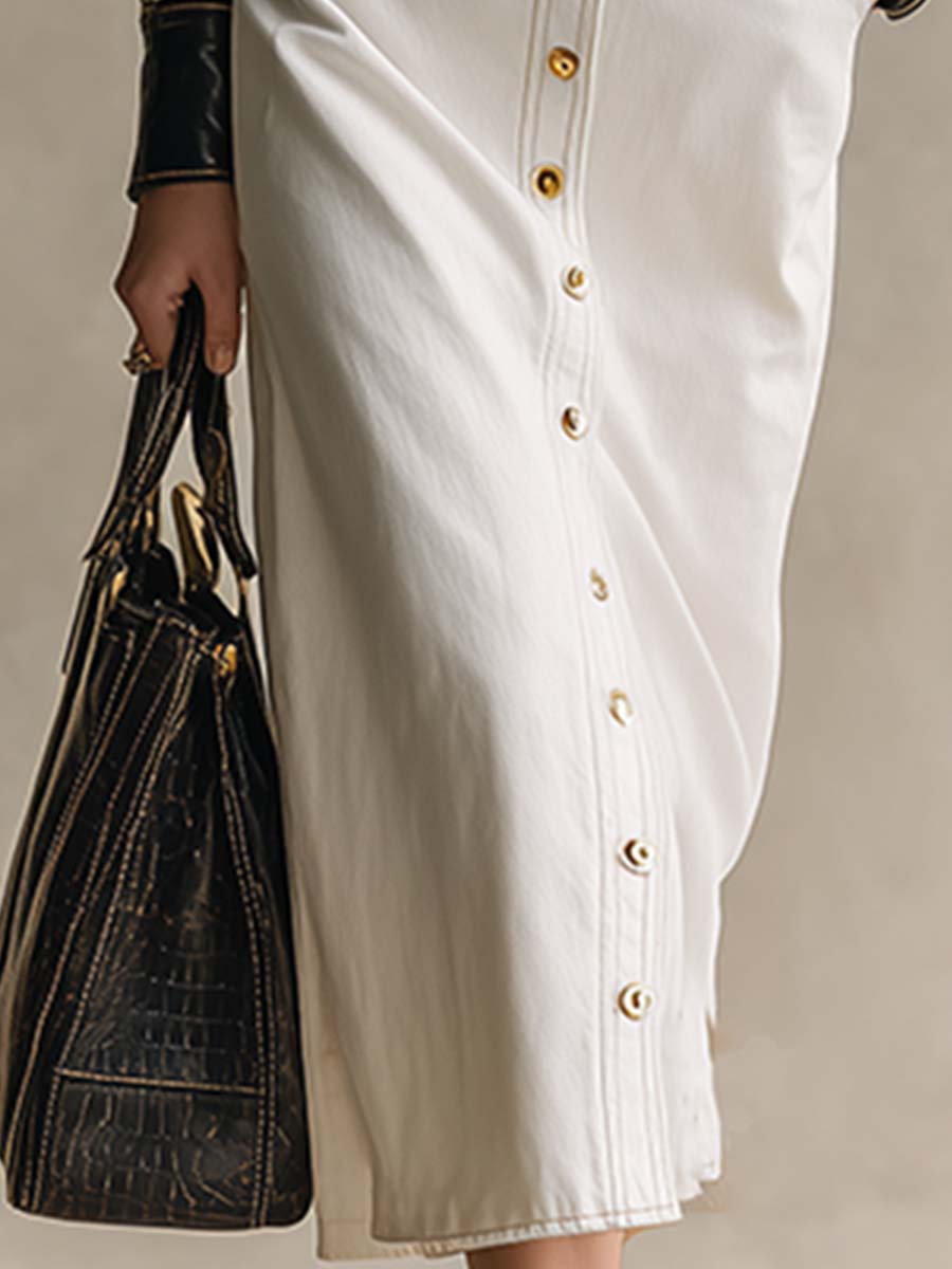 Robe Maxi en Denim Blanc Chic avec Détails en Cuir