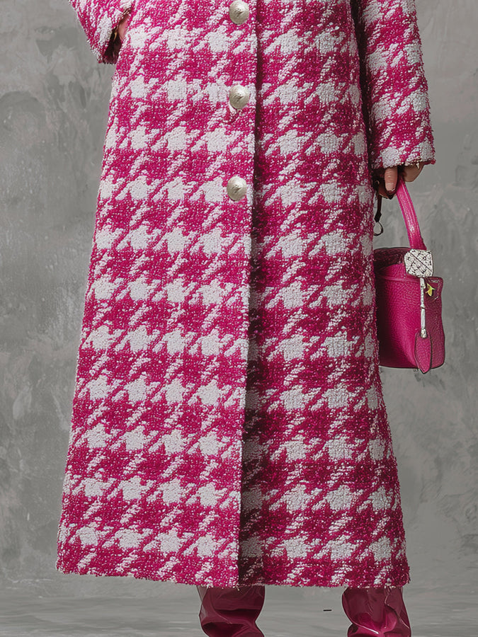 Veste Vintage Longue en Vichy Rose à Revers Ample