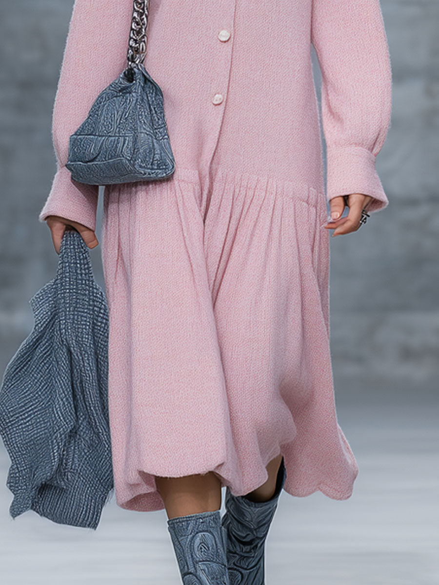 Robe Midi Plissée Rétro en Tricot Rose à Manches Longues