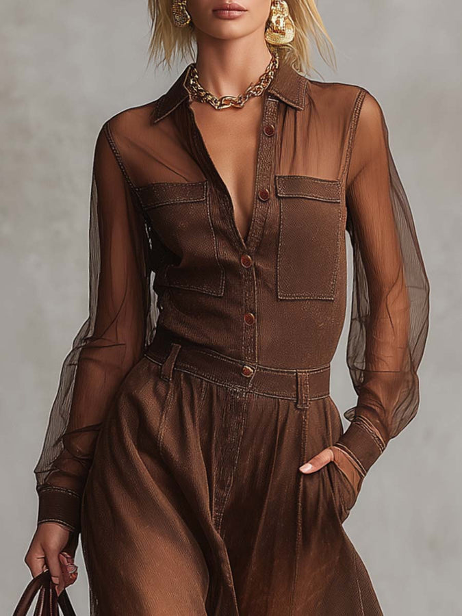 Robe Maxi Vintage en Coton Marron avec Manches Longues en Organza, Décolleté en V et Boutons Frontaux
