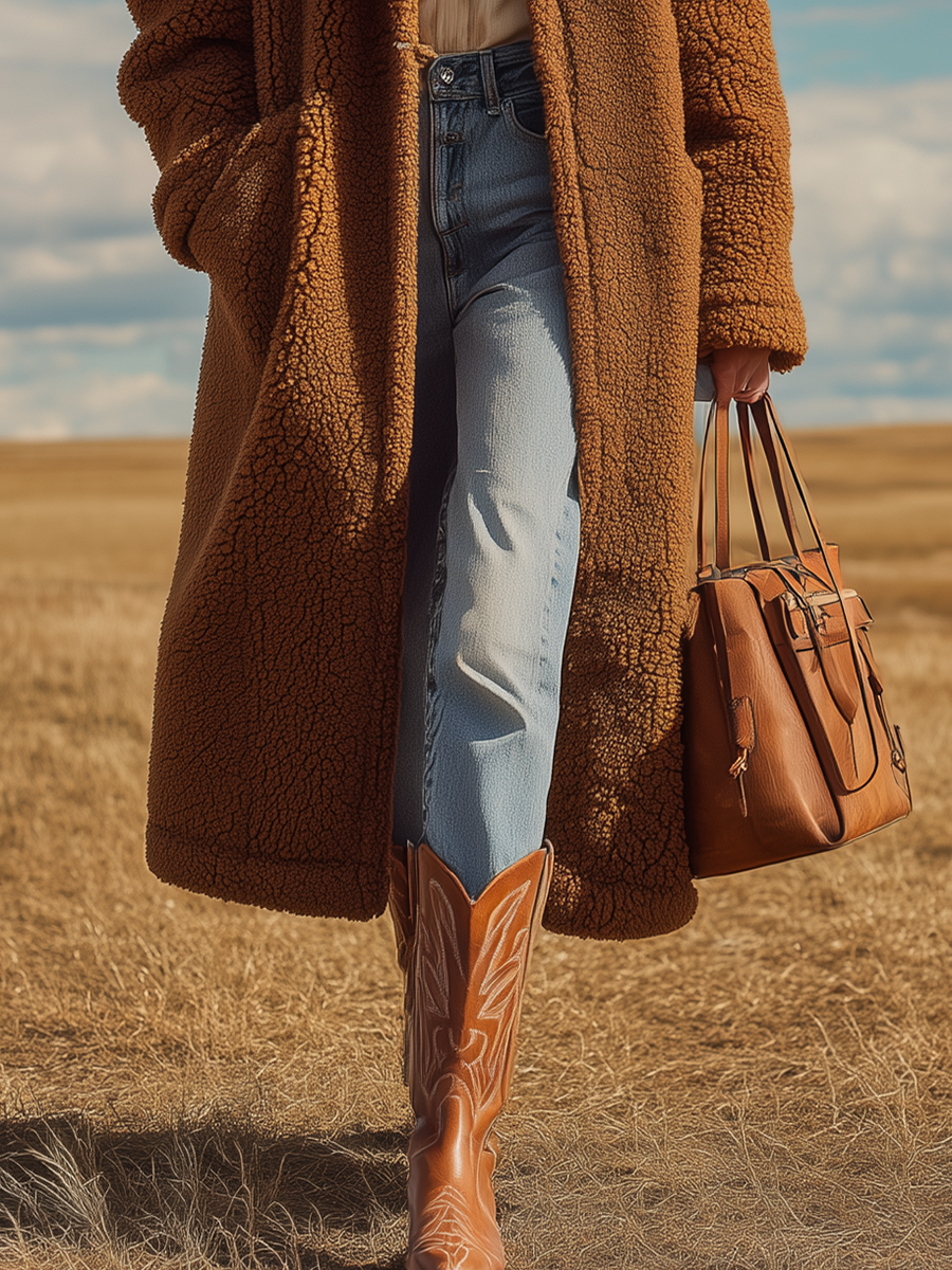 Veste Longue Oversized en Sherpa à Revers - Élégance Rétro Unie