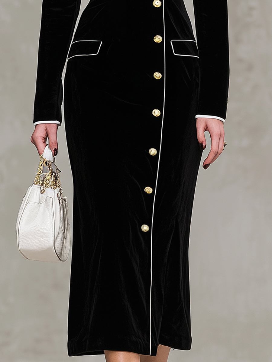 Maxi Robe en Velours Noir Élégante avec Détails en Col Blanc