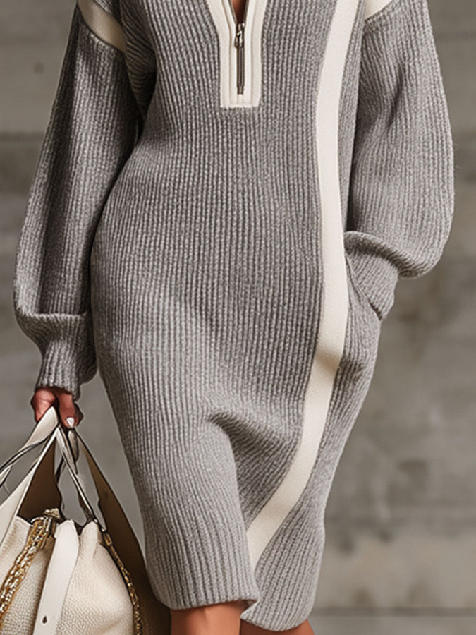 Robe Midi Tricotée avec Col Revers, Fermeture Éclair et Poches Doubles Contrastées