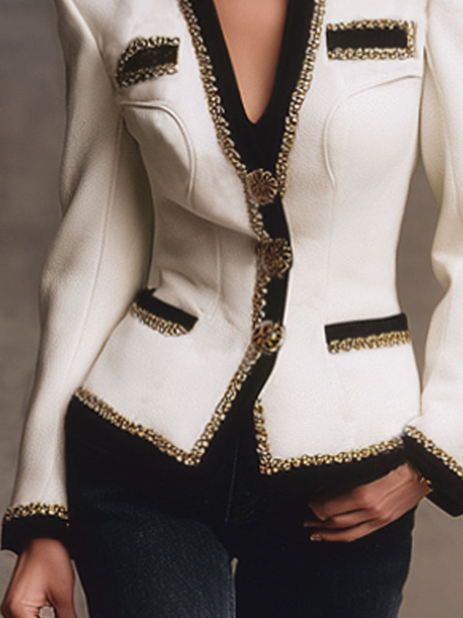 Élégante Veste en Laine à Col en V avec Détails Contrastants
