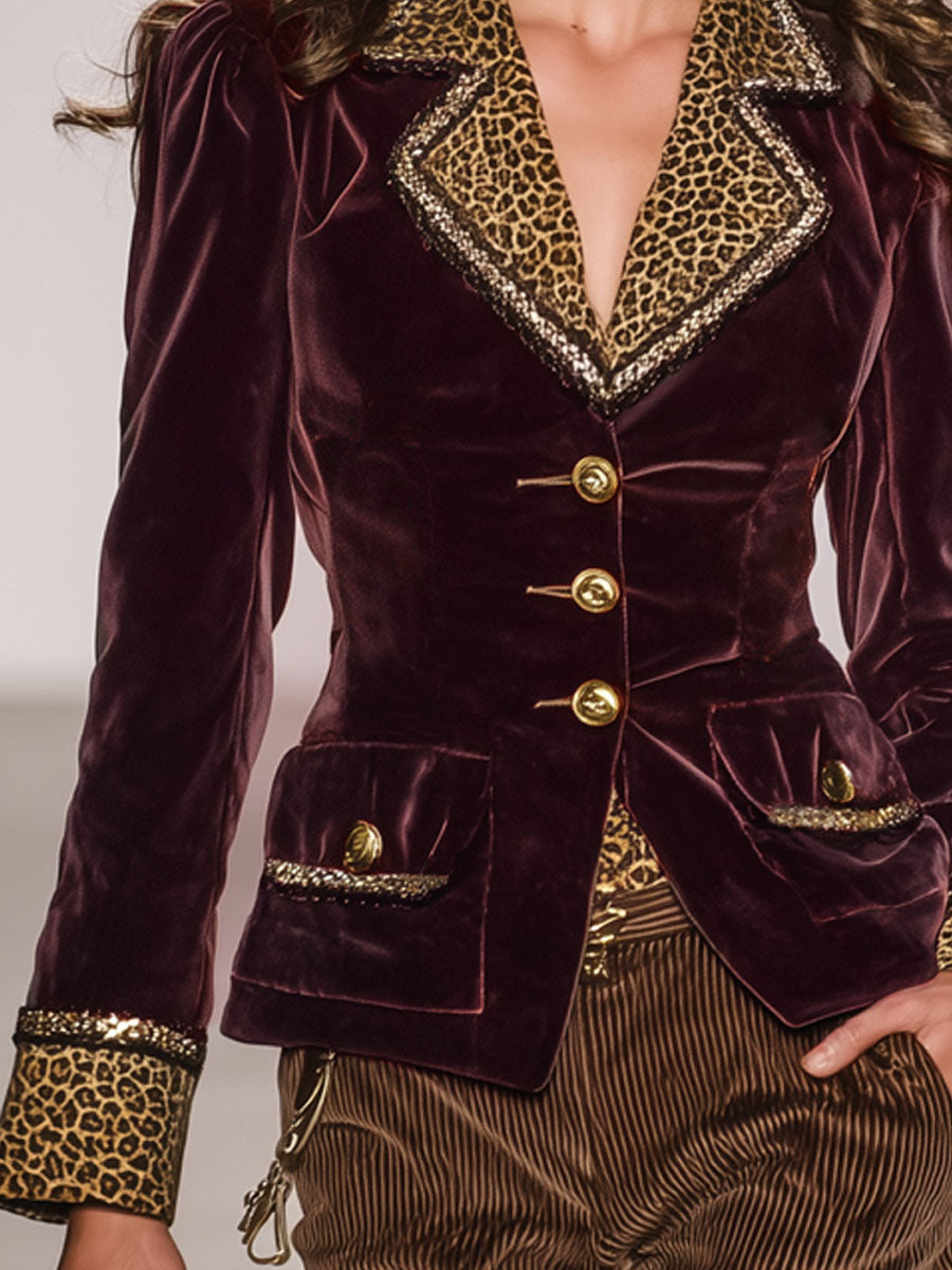 Veste en velours rétro à imprimé léopard avec contraste et bouton unique
