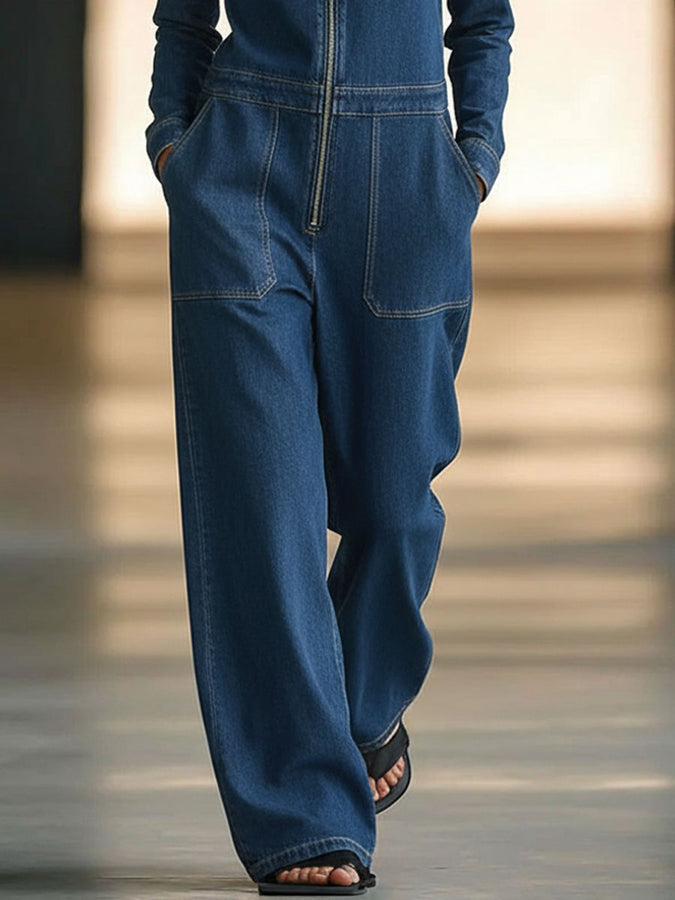Combinaison en denim bleu rétro à fermeture éclair, manches longues et jambes larges – Style décontracté assuré