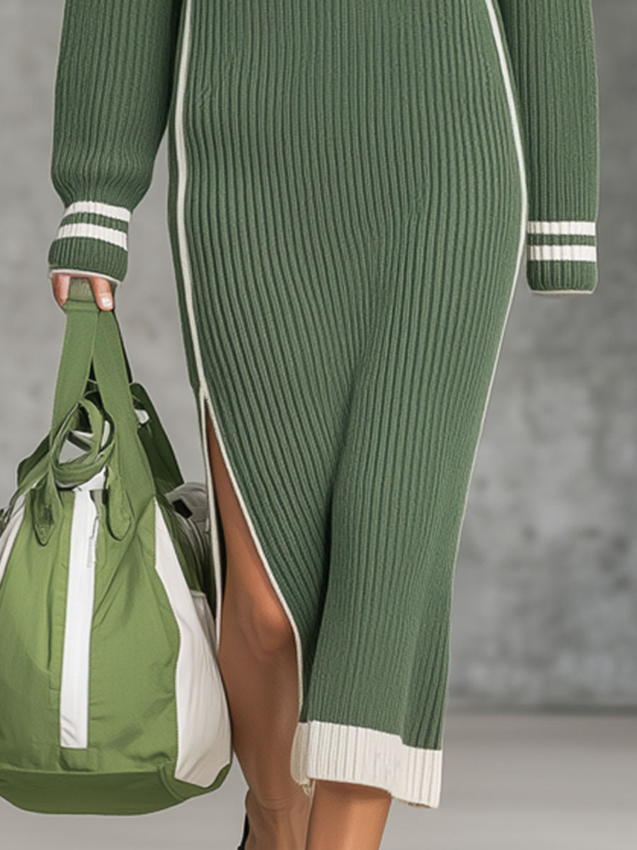 Robe Midi Tricotée Verte à Fente avec Éléments Blancs - Élégance Décontractée et Tendance