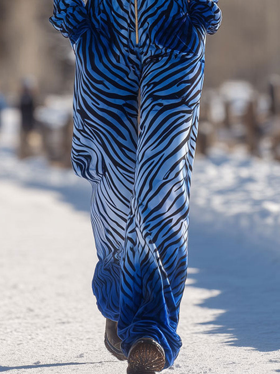 Combinaison Décontractée en Velours Bleu avec Imprimé Zèbre Dégradé et Capuche