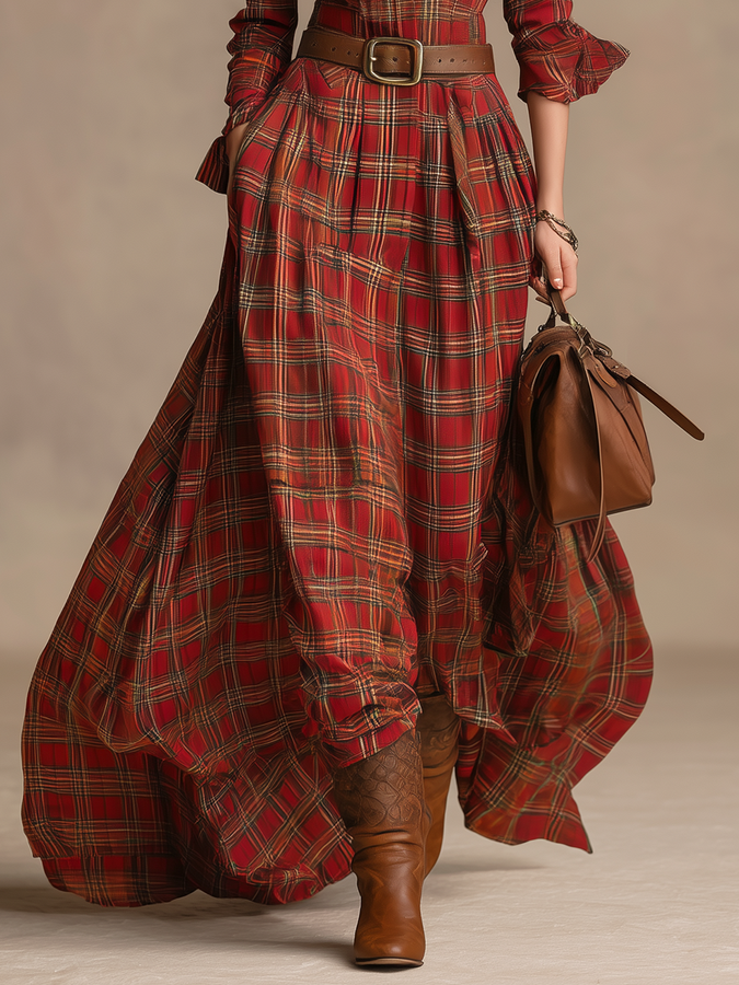 Maxi Robe Longue à Col en Tartan Vintage