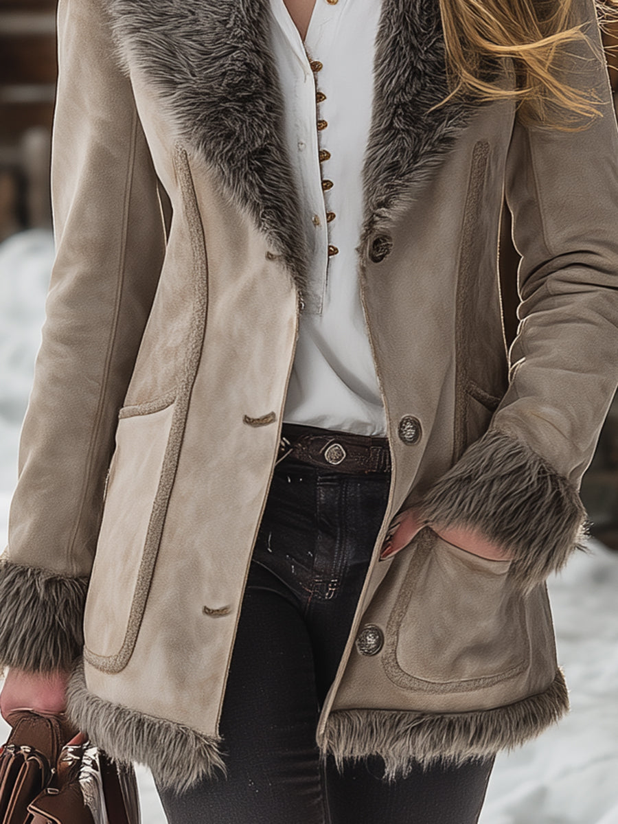 Veste Vintage en Faux Suède Kaki avec Doublure en Peluche Douce