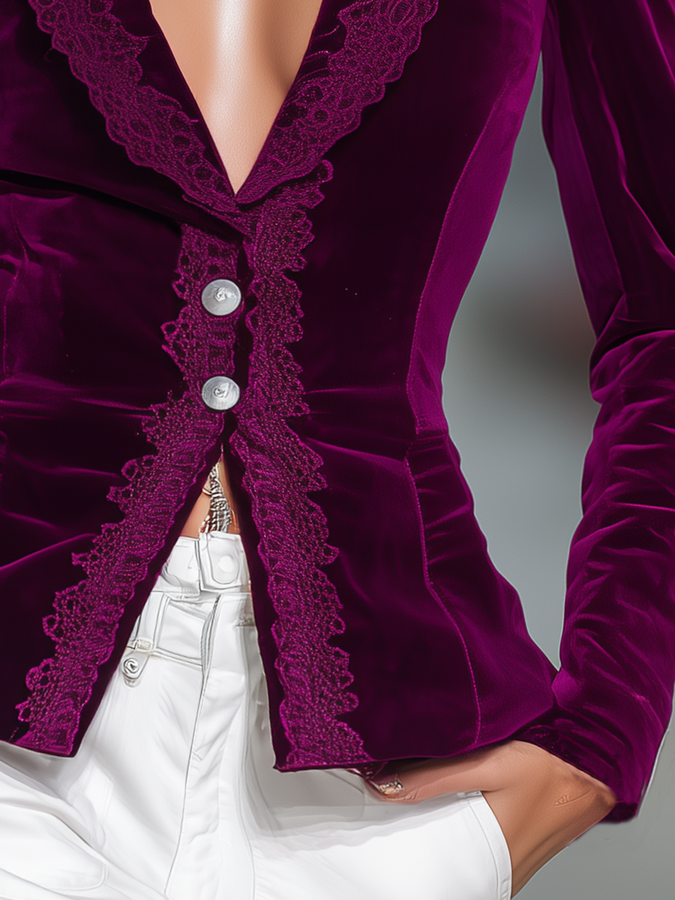 Veste Vintage en Velours Élégante avec Détails Lacés et Boutonnage Simple