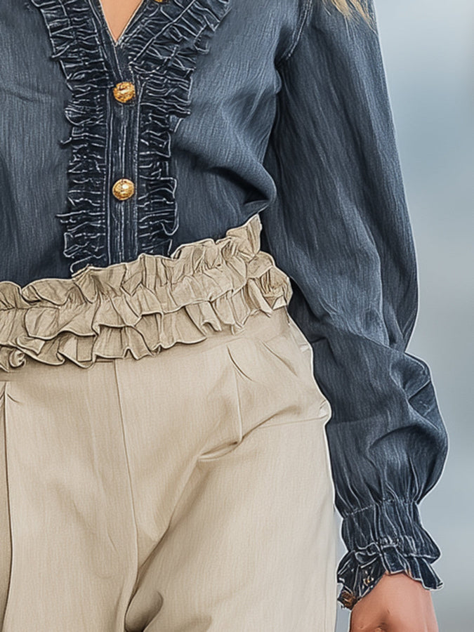 Chemise Vintage à Manches Longues en Denim Bleu Foncé avec Volants