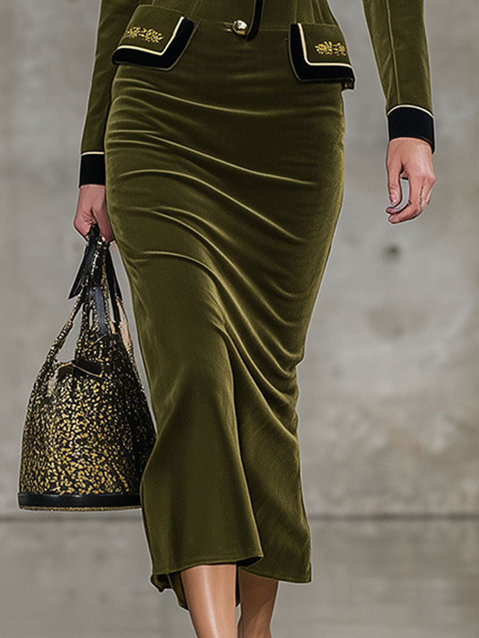 Robe Midi Rétro en Velours Vert avec Col Revers