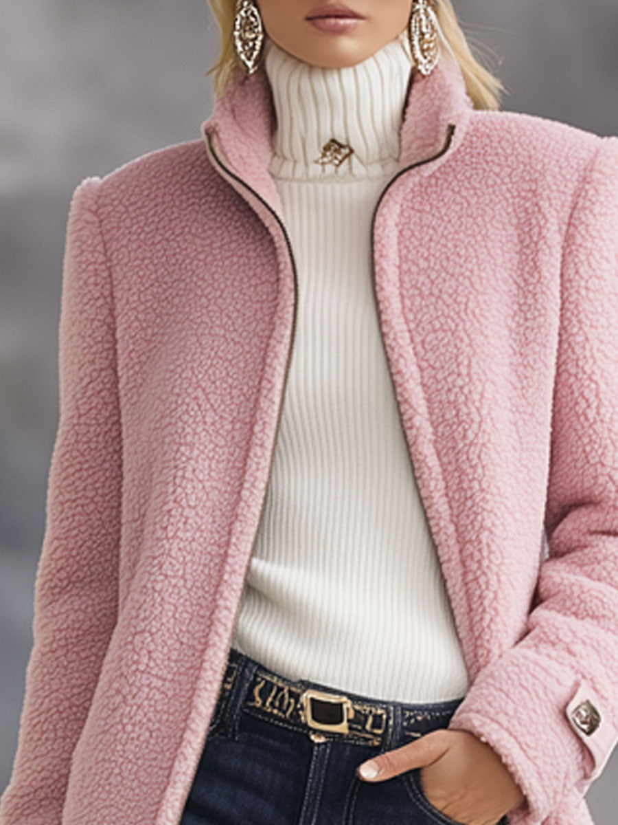 Veste Décontractée en Polaire Rose Vintage avec Zip