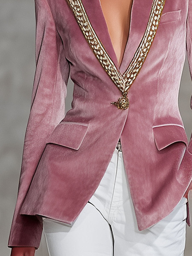 Veste décontractée en velours rose à un bouton