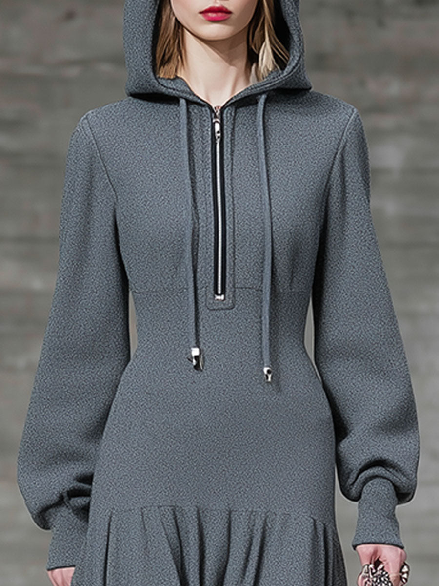Robe Midi Grise à Capuche avec Détail Épingle de Sûreté - Style Décontracté