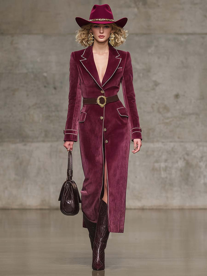 Veste Vintage Western en Velours Rouge Framboise avec Revers Notch et Détails Blancs