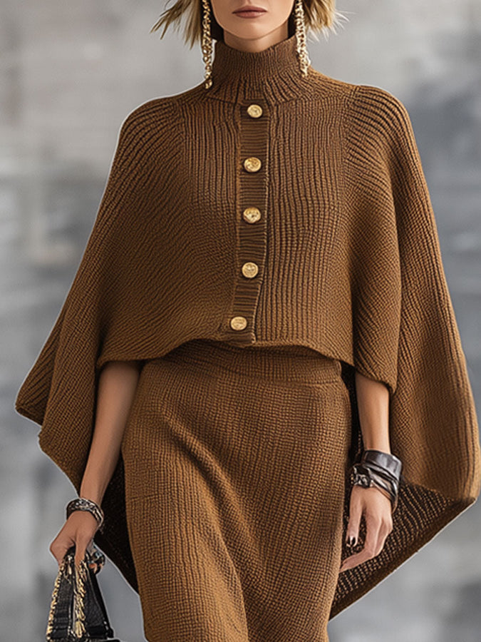 Ensemble Décontracté en Tricot : Jupe Cape Marron au Style Rétro