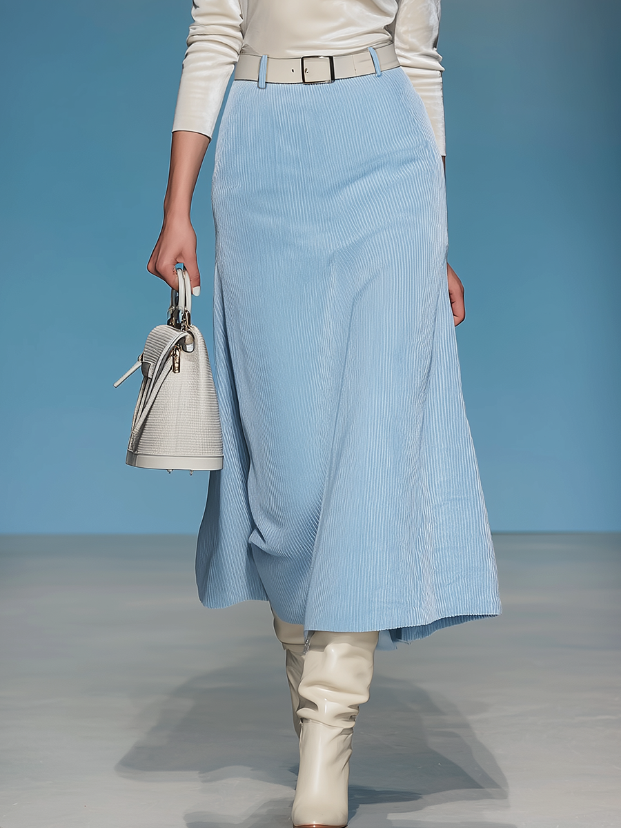 Ensemble T-shirt Velours à Col Rond et Jupe Côtelée Rétro