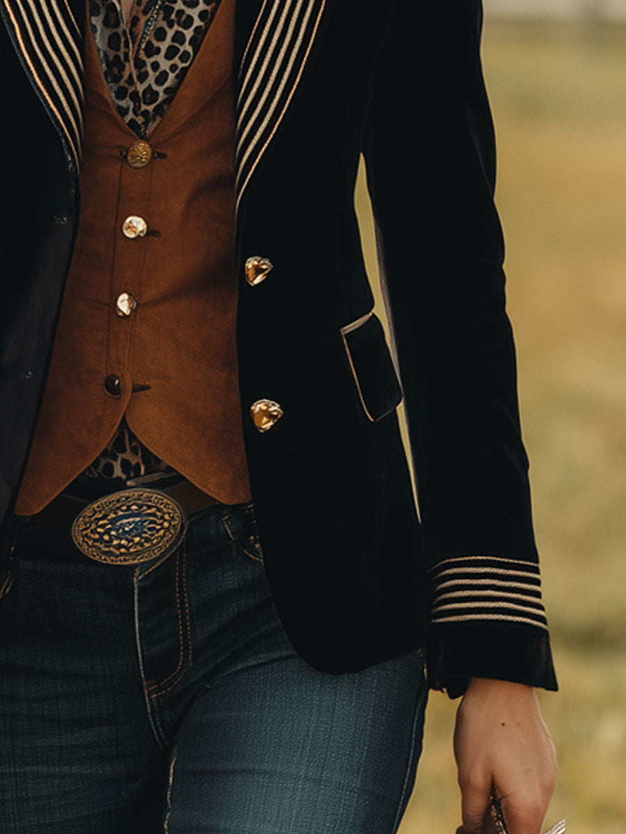 Blazer Noir en Suède Synthétique avec Rayures Western Vintage
