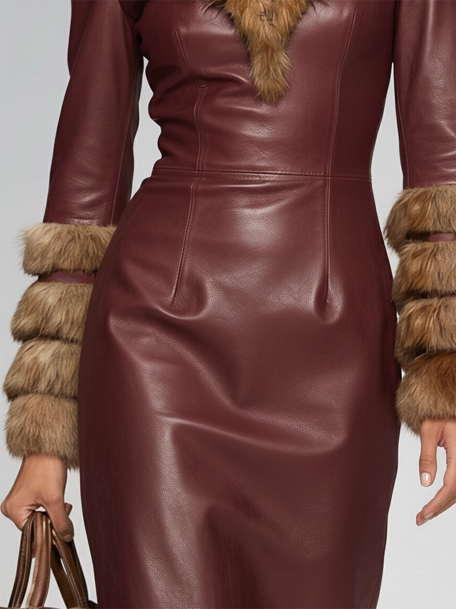Robe Midi Chic en Simili Cuir avec Col en Fausse Fourrure - Élégance Urbaine Rétro