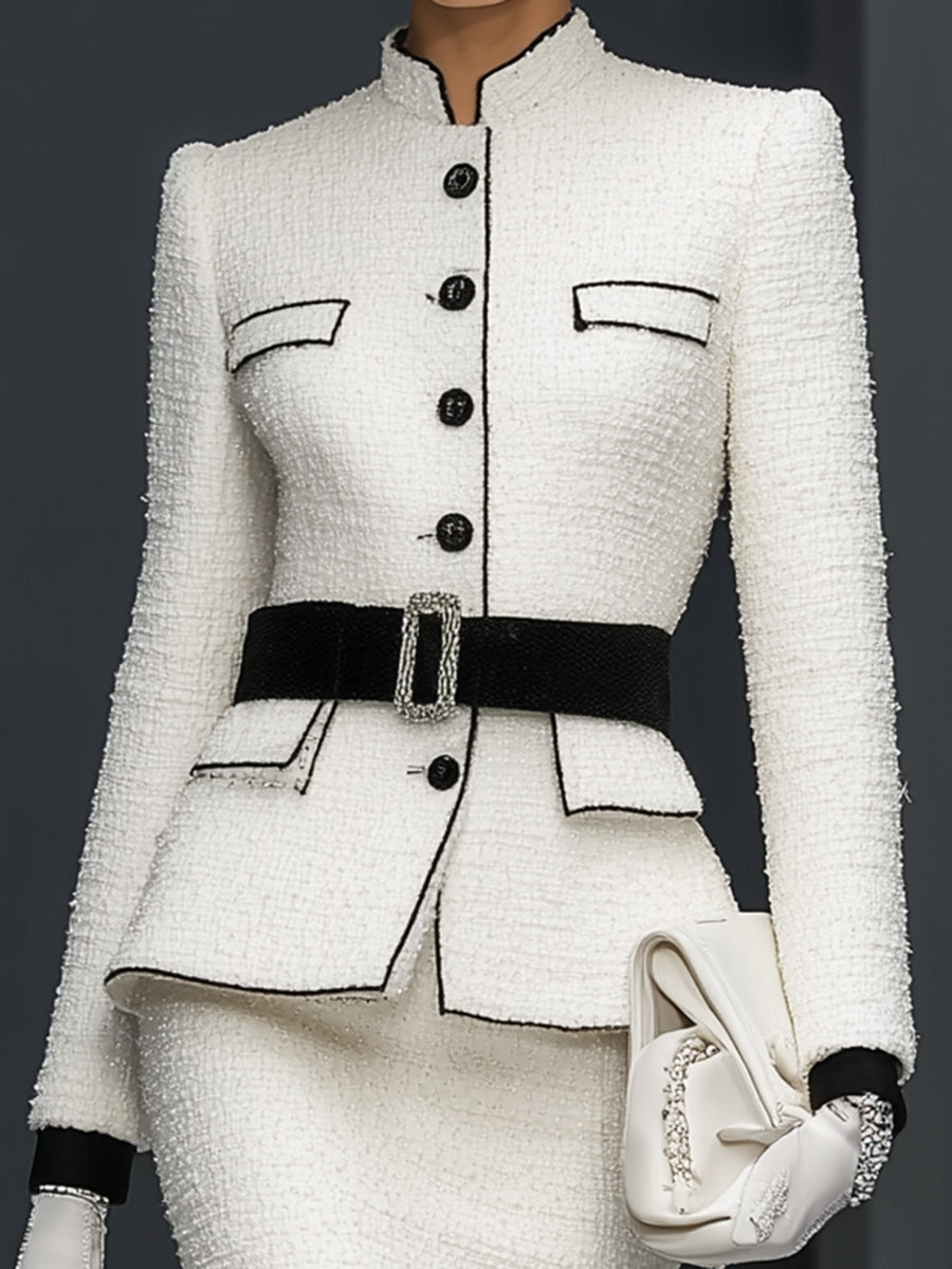 Veste en Tweed Blanc Patchwork avec Détails en Ruban Noir et Jupe Évasée