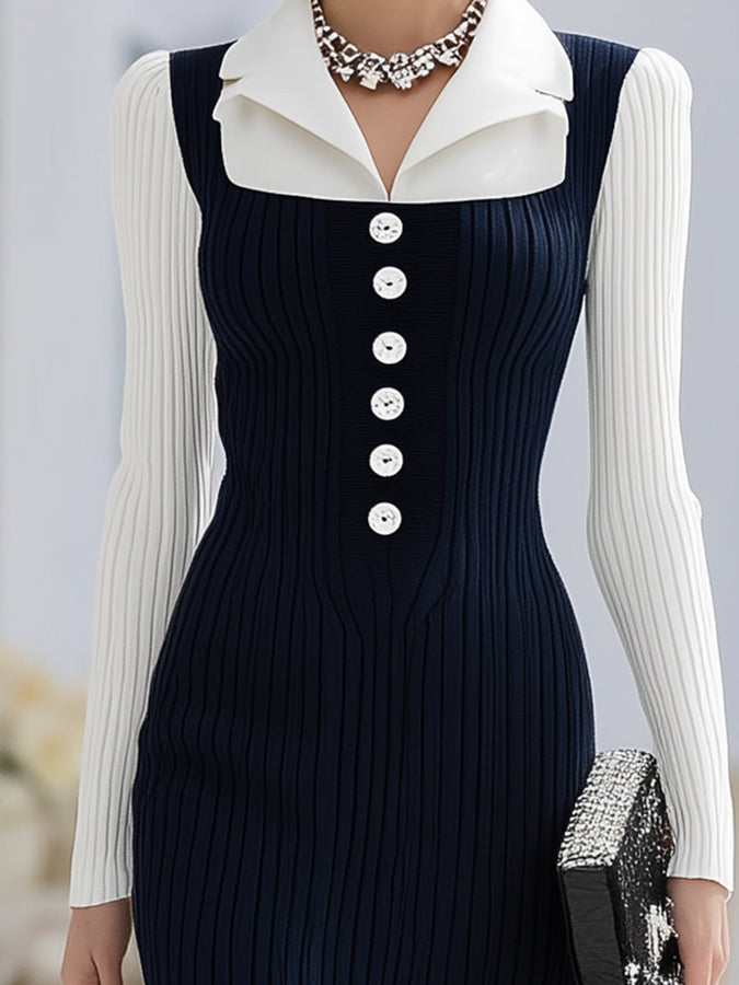 Robe Maxi Élégante à Fente et Boutons – Style Fausse Deux Pièces en Bleu et Blanc