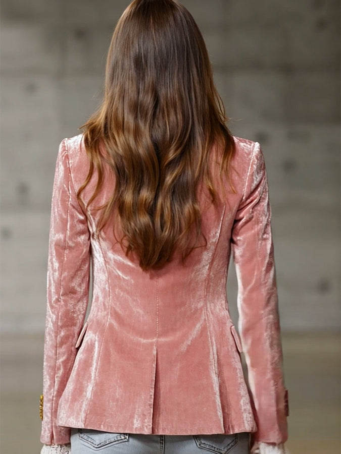 Veste en Velours Rose Rétro à Détails Dorés