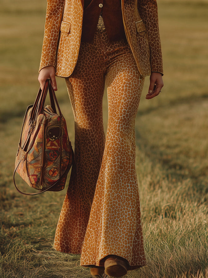 Blazer Imprimé Léopard Orange au Style Western Rétro avec Pantalons Évasés